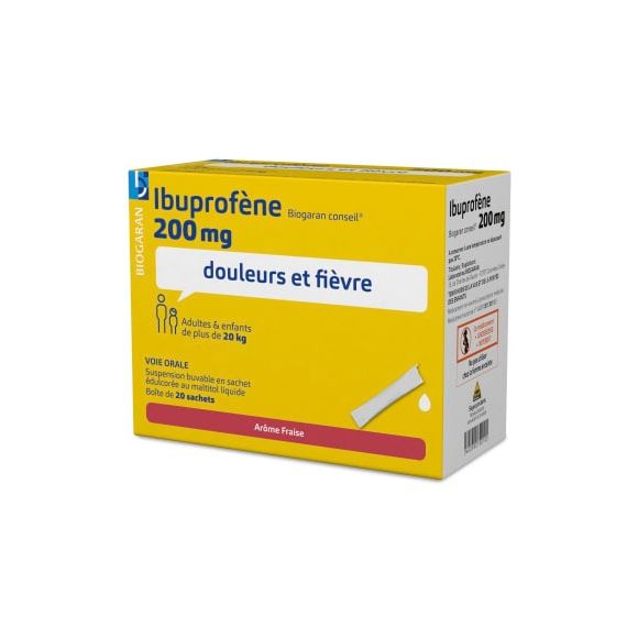 Ibuprofène Biogaran Conseil 200 mg suspension buvable - boîte de 20 sachets