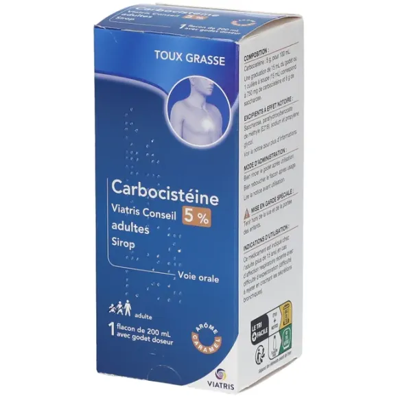 Carbocistéine 5% adultes sirop Viatris - flacon de 200ml