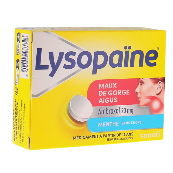 Lysopaïne sans sucre maux de gorge aigus menthe 20mg - boite de 18 pastilles à sucer