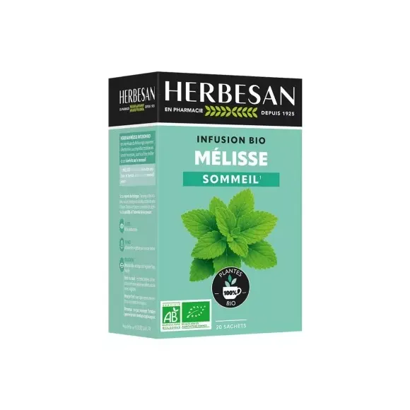Infusion sommeil mélisse bio Herbesan - boite de 20 sachets