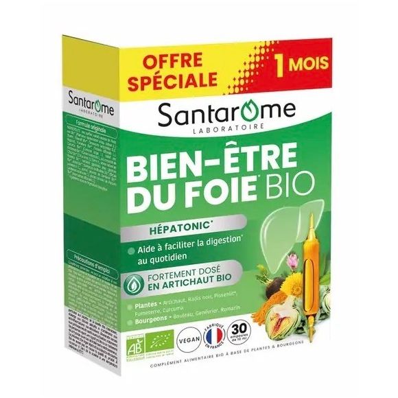Hépatonic bien-être du foie bio Santarome - boite de 30 ampoules de 10ml offre spéciale