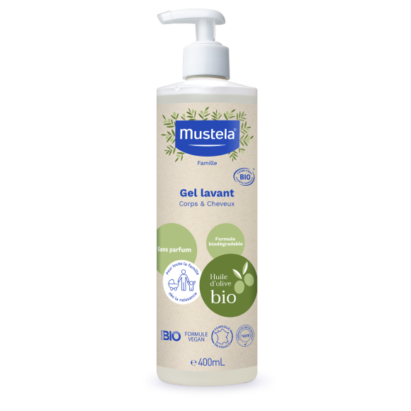 Gel lavant corps et cheveux sans parfum bio Mustela - flacon-pompe de 400 ml