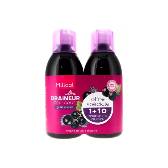 Draineur Ultra minceur goût cassis Milical - lot de 2 bouteilles de 500ml