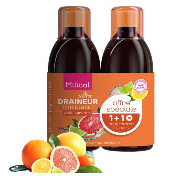 Draineur minceur ultra goût agrumes sans sucre Milical - lot de 2 flacons de 500ml