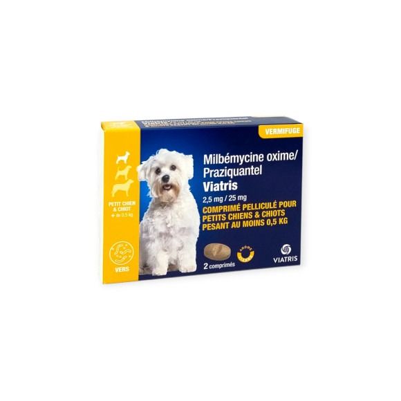 Milbémycine Praziquantel Vermifuge petit chien et chiot +0,5kg arôme viande Viatris - boite de 2 comprimés
