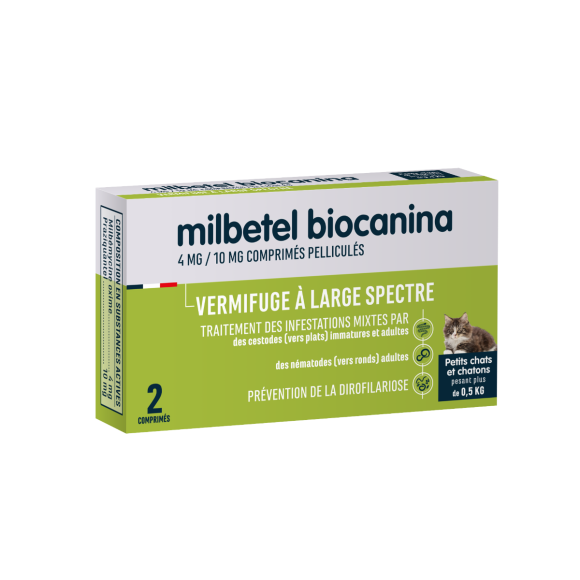 Milbetel vermifuge petis chats et chatons 4mg/10mg Biocanina - boite de 2 comprimés