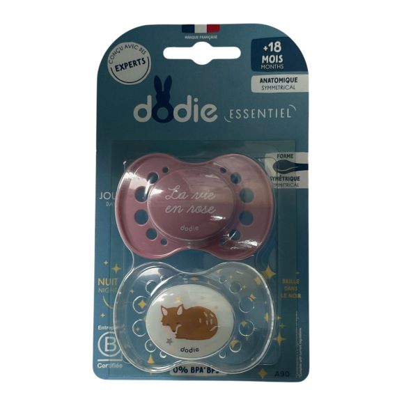 Sucettes Essentiel +18 mois jour/nuit rose Dodie - lot de 2 sucettes