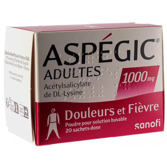 Aspegic Dès 15 ans; Adultes 1000mg poudre pour solution buvable en sachet-dose - boîte de 20 sachets