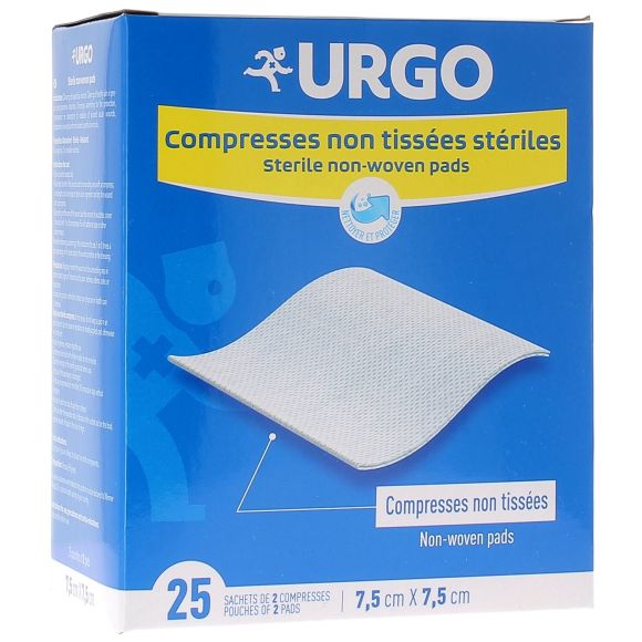Compresses non tissées stériles Urgo - boîte de 25 sachets de 2 compresses 7,5 x 7,5