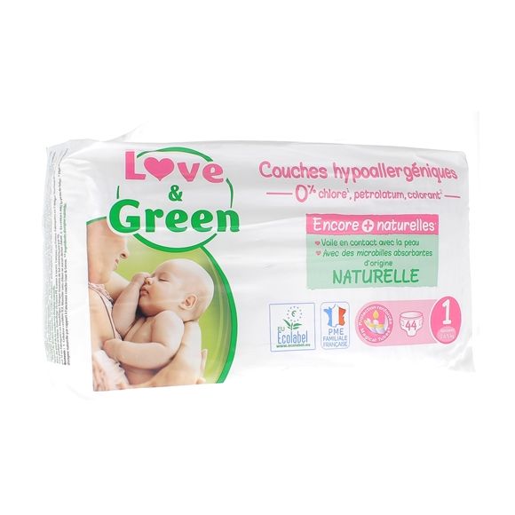 Couches hypoallergéniques taille 1 Love & Green - paquet de 44 couches