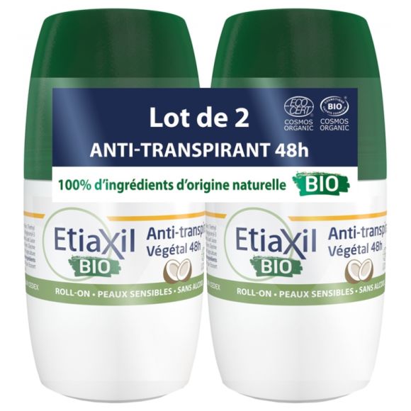 Déodorant anti-transpirant végétal bio parfum coco Etiaxil - lot de 2 roll-on de 50ml