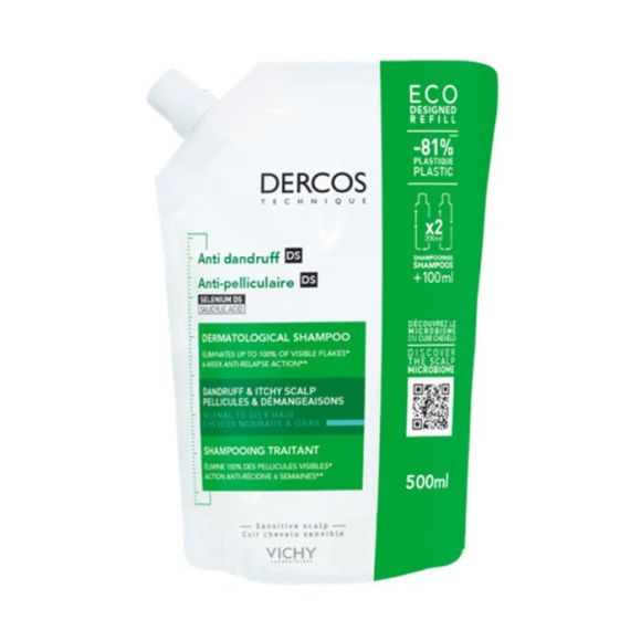 Dercos anti-pelliculaire shampooing traitant cheveux gras Vichy - éco-recharge de 500ml