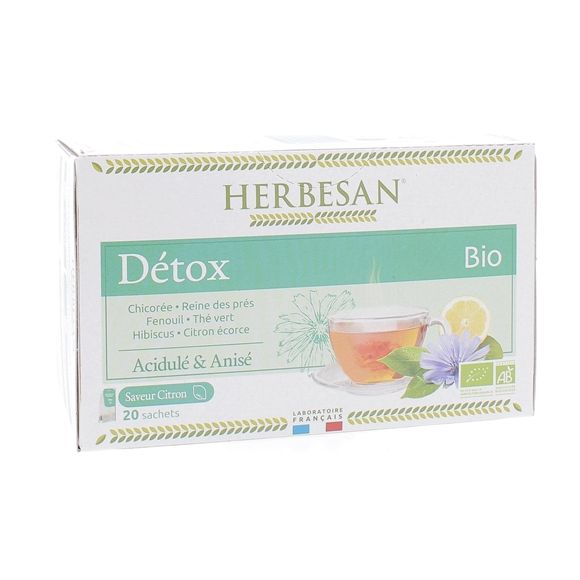 Infusion Bio détox saveur citron Herbesan - boîte de 20 sachets