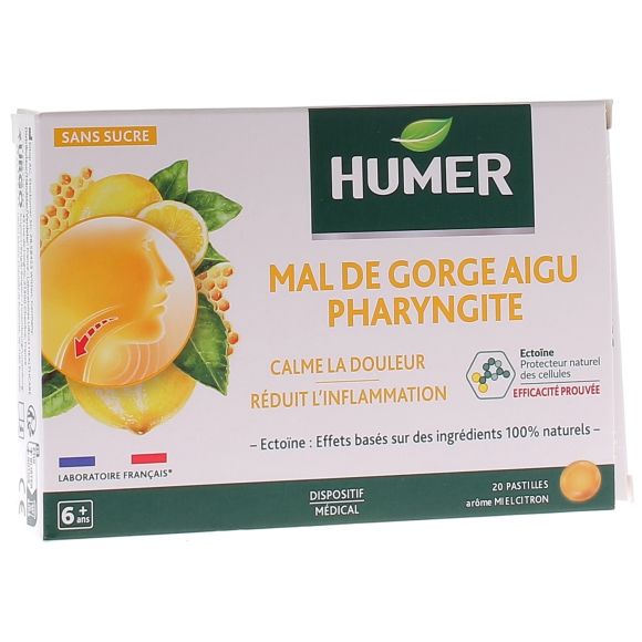 Mal de gorge aigu pharyngite arôme miel citron Humer - boîte de 20 pastilles
