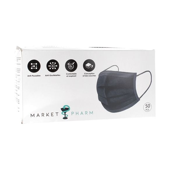 Masques chirurgicaux 3 plis type IIR noirs - boîte de 10 masques