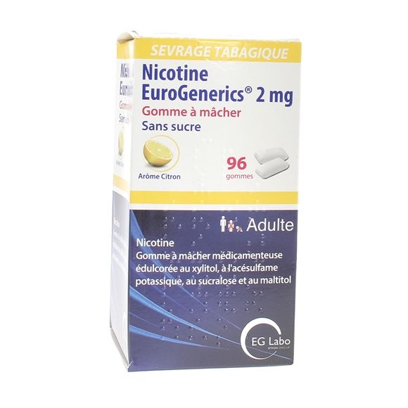 Nicotine EuroGenerics 2mg sans sucre arôme citron - boîte de 96 gommes à mâcher