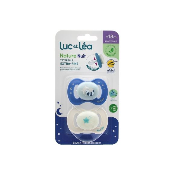 Nature Nuit sucettes anatomiques téterelle extra-fine +18 mois raton laveur & étoile filante Luc et Léa - lot de 2 sucettes