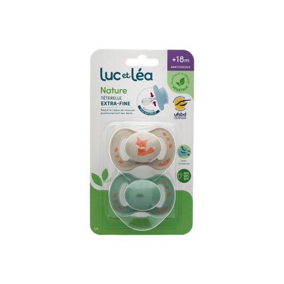 Nature sucettes anatomiques téterelle extra-fine +18 mois renard & bleu Luc et Léa - lot de 2 sucettes
