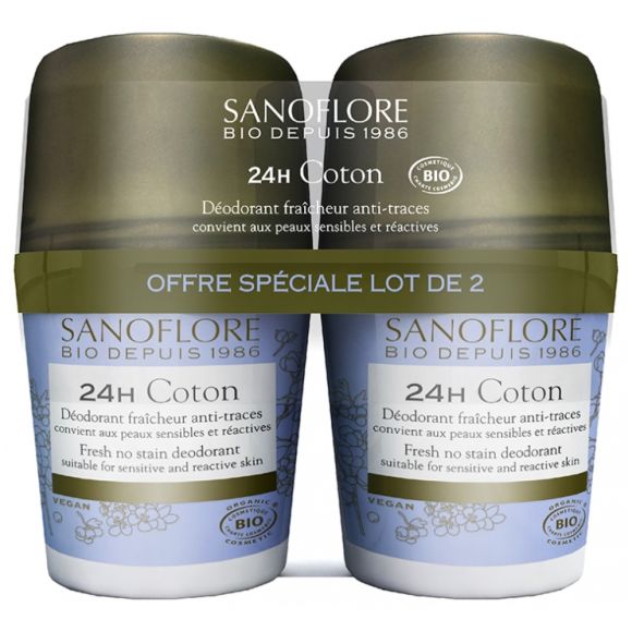 Déodorant coton 24h anti-traces Sanoflore - 2 roll-on de 50 ml