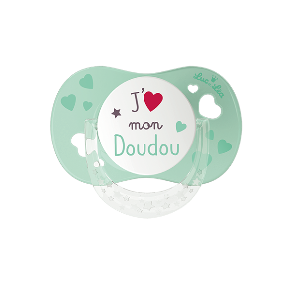 Sucette silicone avec anneau "J'aime mon doudou" 6 mois et + Luc et Léa - 1 sucette
