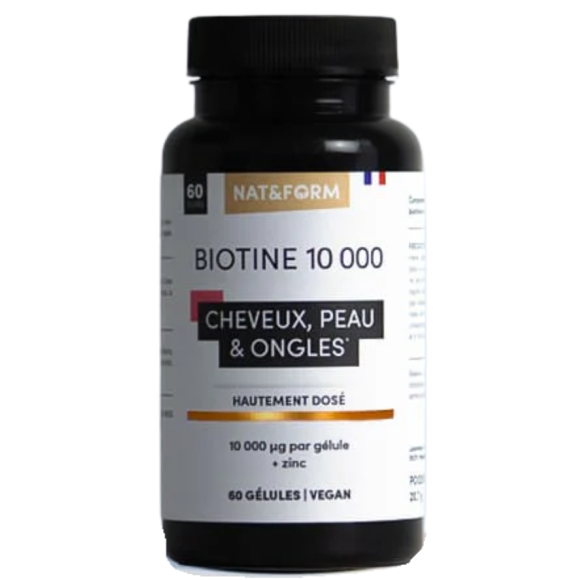 Biotine 10 000 cheveux peau et ongles Nat&Form - pot de 60 gélules