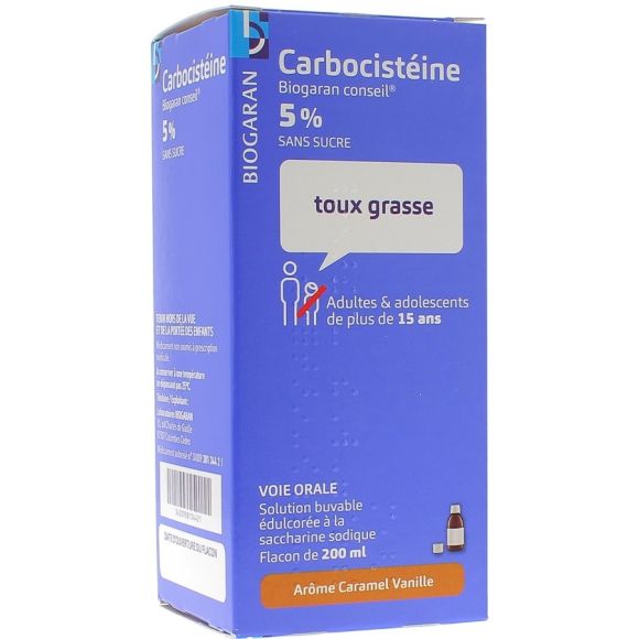 Carbocistéine Biogaran 5% Dès 15 ans; Adultes - flacon de 200 ml