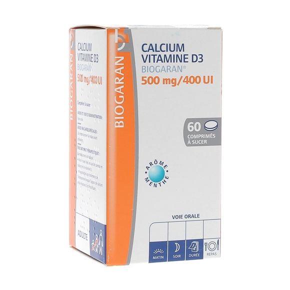 Calcium vitamine D3 Biogaran 500mg/400 UI - Boîte de 60 comprimés à sucer