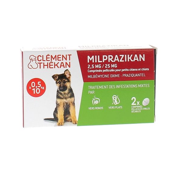 Milprazikan 2,5 mg / 25 mg comprimé pelliculé pour petits chiens Clément Thékan - boite de 2 comprimés péliculés