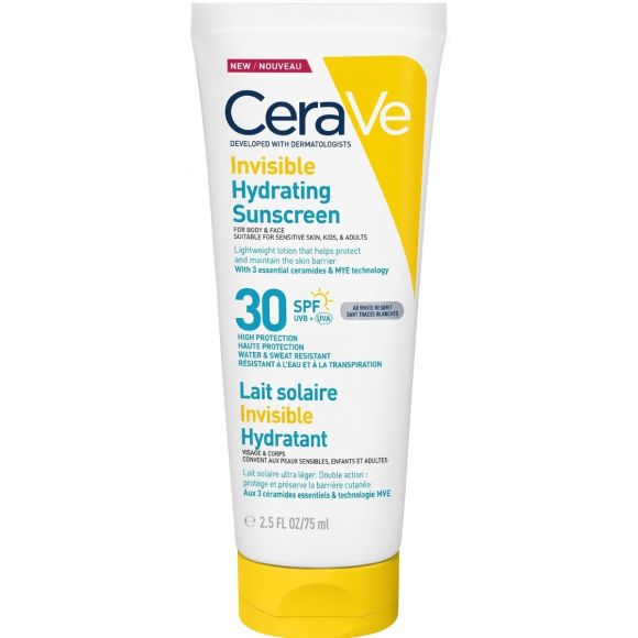 Lait solaire invisible hydratant SPF30+ haute protection visage et corps CeraVe - tube de 75ml