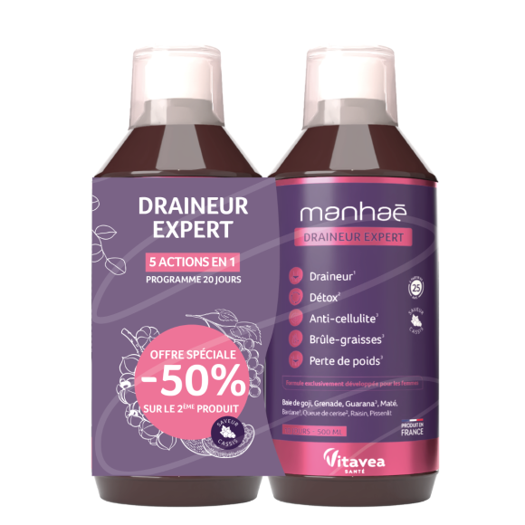 Manhaé draineur expert 5 actions en 1 programme 20 jours Vitavea - lot de 2 flacons de 500ml le deuxième à -50%