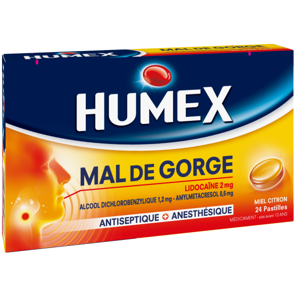 Humex mal de gorge lidocaïne miel citron – 24 pastilles