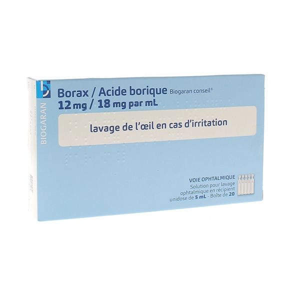 Borax Acide borique Biogaran solution pour lavage ophtalmique - boîte de 20 unidoses de 5ml