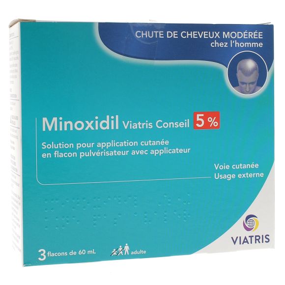 Minoxidil conseils 5% Viatris - boîte de 3 flacons de 60ml