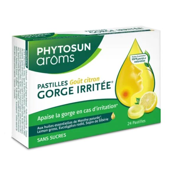 Pastilles gorge irritée sans sucre arôme citron Phytosun arôms - boite de 24 pastilles