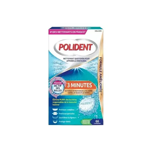 Polident nettoyant 3 minutes menthe fraîche - boite de 66 comprimés