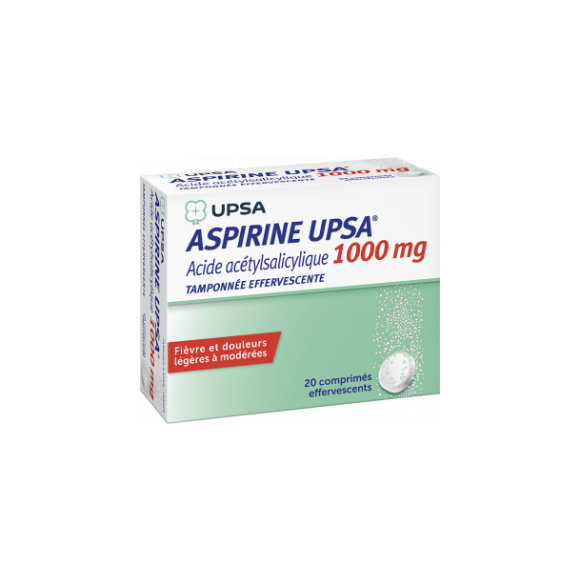Aspirine tamponnée effervescente 1000mg comprimé effervescent Upsa - boite de 20 comprimés