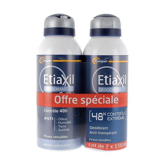 Déodorant homme anti-transpirant contrôle 48h Etiaxil - lot de 2 aérosols de 150 ml