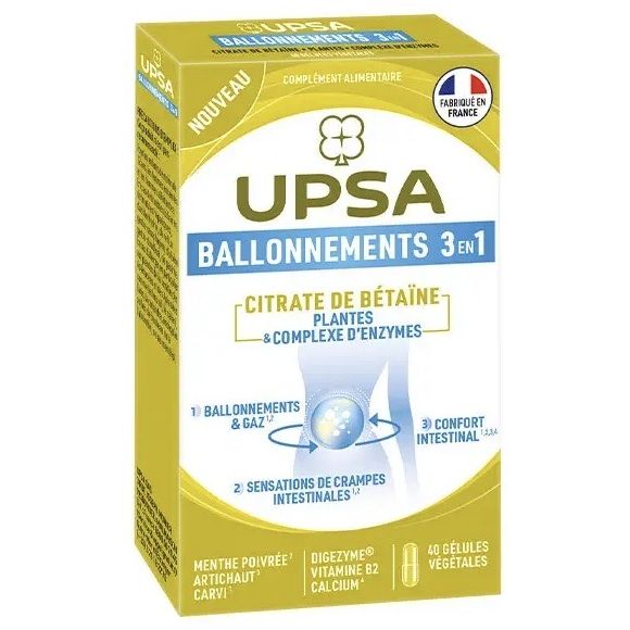 Ballonements & gaz 3 en 1 Citrate de bétaïne Upsa - boite de 40 gélules