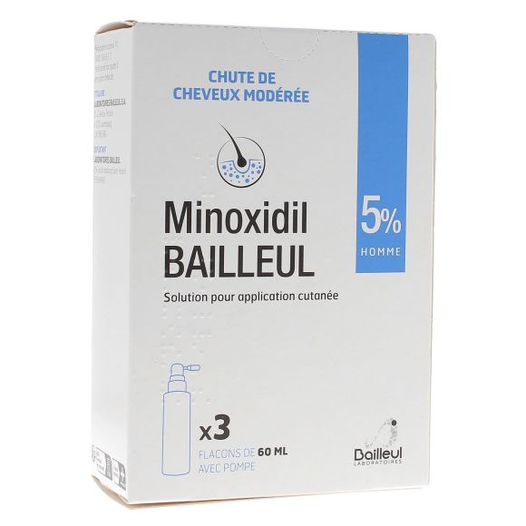 Minoxidil Bailleul 5% solution pour application cutanée Homme - 3 flacons de 60ml