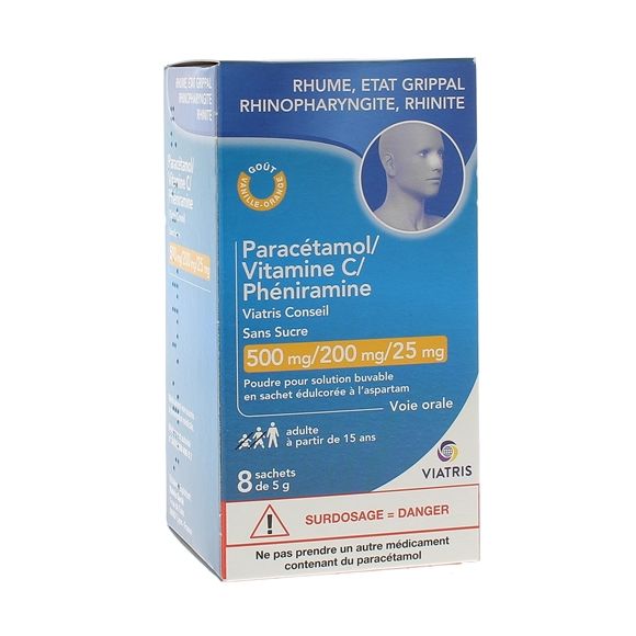 Paracétamol Vitamine C Phéniramine sans sucre Mylan - 8 sachets de 5g