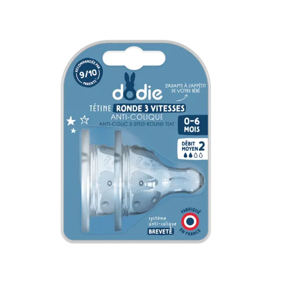 Tétine ronde 3 vitesses anti-colique col large 0-6 mois débit 2 Dodie - 2 tétines