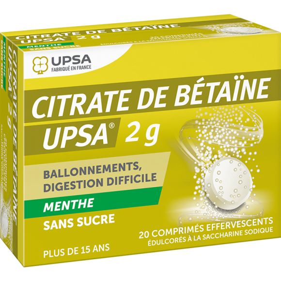 Citrate de bétaine 2g menthe sans sucre Upsa - boite de 20 comprimés effervescents