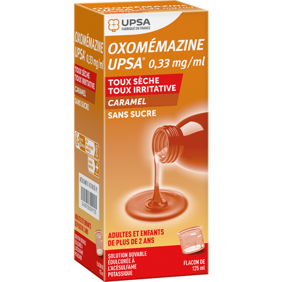 Oxomémazine 0,33 mg/ml sans sucre arôme caramel Upsa - flacon de 125 ml
