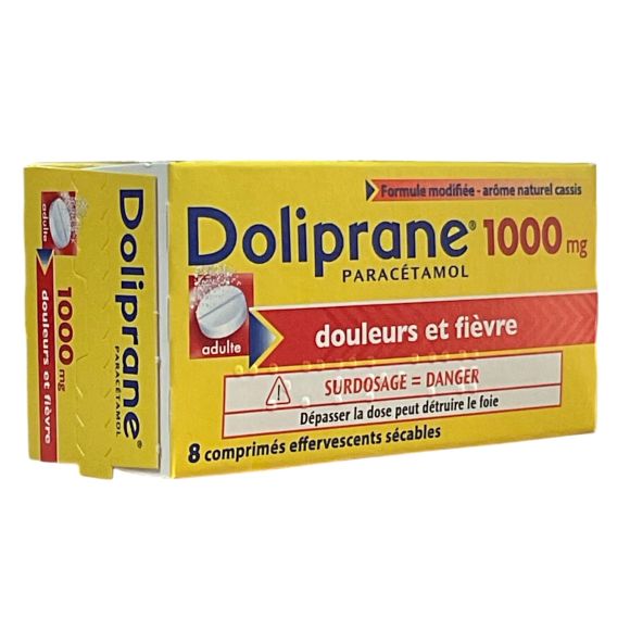 Doliprane 1000mg effervescent arôme cassis - boîte de 8 comprimés effervescents