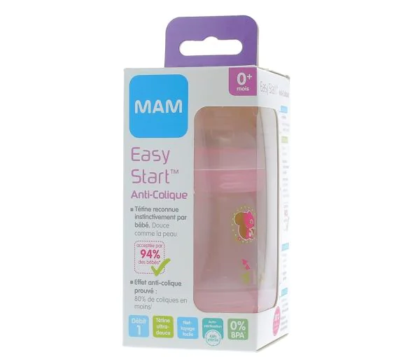 Biberon MAM Easy Start Anti-Colique 160ml - Lot De 2 - Tétine SkinSoft Débit 1 - Lilas Et Sable